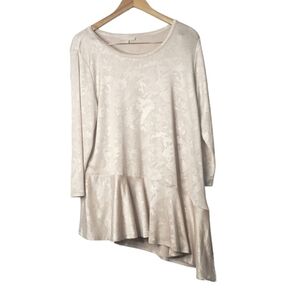 Joan Vass tan floral imprinted asymmetric long sleev flowy pleated dress xl